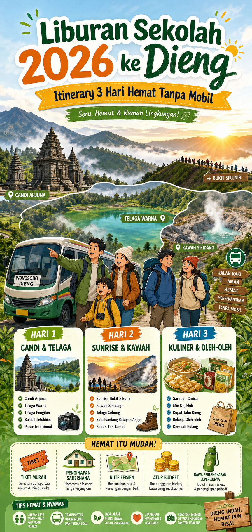 Liburan Sekolah 2026 ke Dieng: Itinerary 3 Hari Hemat Tanpa Mobil - dieng
